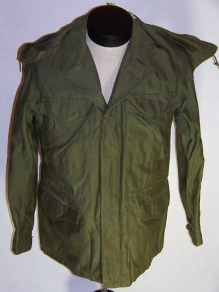 Vintage Wwii Us Army M - 1943 Field Jacket W/hood Good Coloring Button Front 34