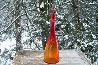 Vintage Blenko 920 Decanter Tangerine/amberina Crackle Glass With Flame Stopper