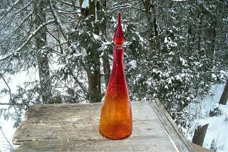 VINTAGE BLENKO 920 DECANTER TANGERINE/AMBERINA CRACKLE GLASS WITH FLAME STOPPER 2