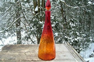 VINTAGE BLENKO 920 DECANTER TANGERINE/AMBERINA CRACKLE GLASS WITH FLAME STOPPER 3