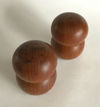 Vintage Mid Century Danish Modern Teak Wood Double Round Salt Pepper Shakers