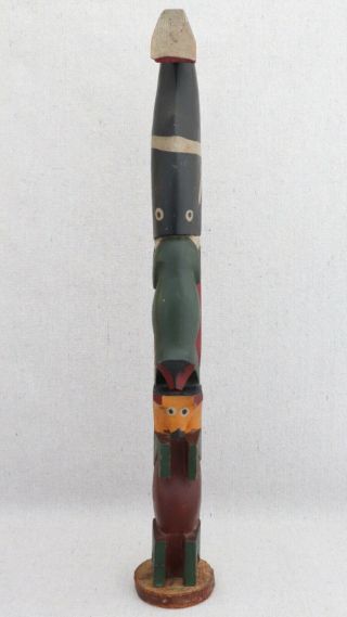 Vintage Pacific Northwest Coast Carved Painted Wood Totem Pole Bear Whale Badger