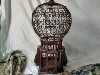 Vintage Estate Wood And Wire Brown Bird Cage.  Large And Ornate.  B - 379