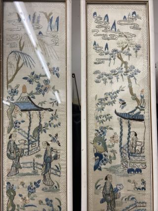 2 Vintage Chinese Silk Embroidery Panel In Frame 20”x5”