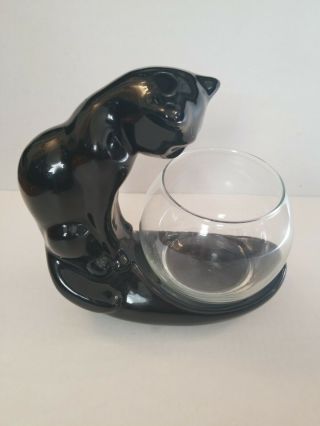 Vintage Royal Haeger Ebony Black Pottery Cat With Fish Bowl 8 "