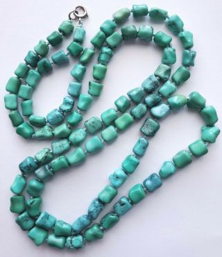 32 " Vtg Chinese Natural Turquoise Dogbone Nugget Bead Necklace - Sterling Clasp