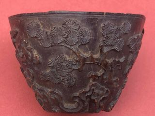 Antique Chinese Carved Nut Libation Cup Decorated With The Three Friends - Qing