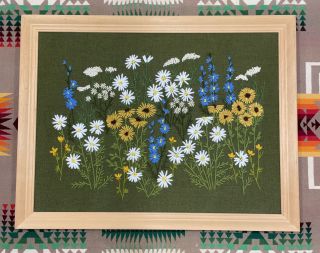 Large Vintage Boho Flower Daisy Embroidery Art 24”x18”,  Frame Mcm Estate