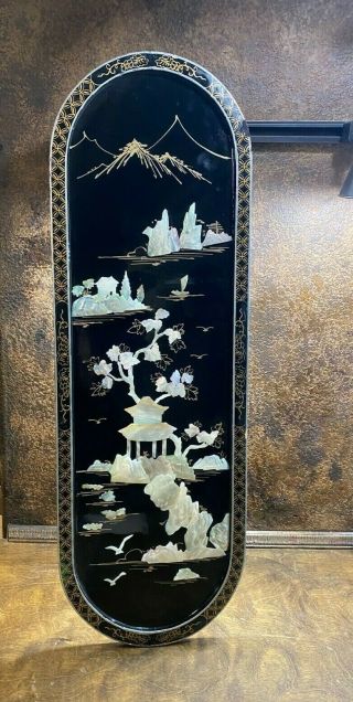 Vintage Japanese Mother Of Pearl Black Lacquer Wall Panel Art Asian Mop Decor