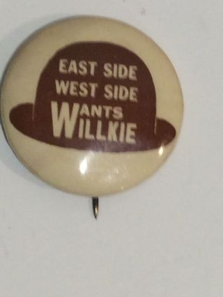 Wendell Willkie Brown Derby Campaign Pin Pinback Button Political President