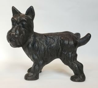 Vintage Black Cast Iron 6 " Tall Scottish Terrier Peeing Dog Door Stopper