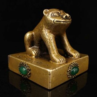 Perfect Antique Chinese Bronze Tiger Seal Statue Inlay Jade Jiading Marked