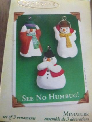 Hallmark Miniature Ornament Set 3 Snowmen See No Humbug 2005