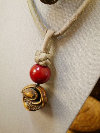 Vintage Chinese Or Japanese Silk Cord Necklace W/ Carved,  Hallmarked Fish Bead