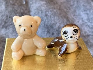 Bug House Miniature Porcelain Figurines Seal / Teddy Bear 2 Pc