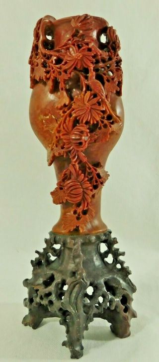 Antique/vtg 10.  5 " Chinese Hand Carved Red Jade Stone Figural Flower Bird Vase