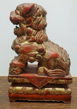Vintage Chinese Foo Dog Hand Carved Wood Red & Gold Lacquer