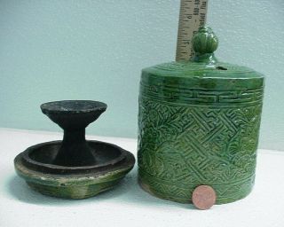 Ming? Antique Chinese Green Lead Glaze Pottery Incense Or Oil Lamp Two Piece