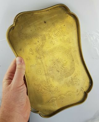 Chinese Antique Brass Opium Tray Engraved Dragon Design - Late Qing Paktong