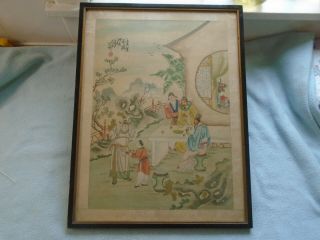 Chinese Watercolour Painting Figures Gathered By A Table Signed With Red Seal
