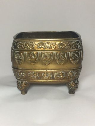 Old Square Chinese Bronze Censer In Worn Lion Feet