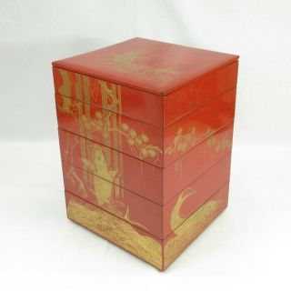 D882: Japanese Old Tier Of Lacquered Boxes Jubako With Fine Chinkin Work Of Carp