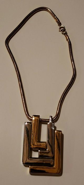 Vintage Lanvin Paris Pendant Silver / Gold Tone Necklace Modernist