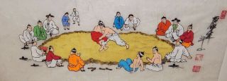 Chinese Wrestling Match Watercolor On Rice Paper Painting Signed