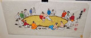 CHINESE WRESTLING MATCH WATERCOLOR ON RICE PAPER PAINTING SIGNED 2