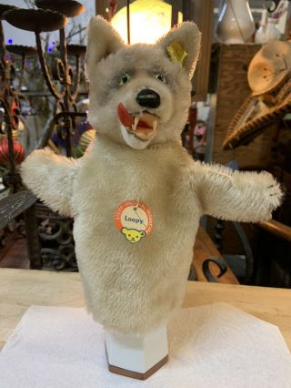 Vintage 1950s 60s Steiff Loopy The Wolf Puppet With Button Stock Tags