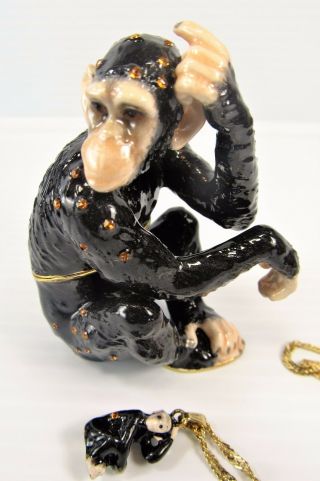 Chimpanzee Jeweled Pewter Trinket Box W/necklace Wildlfie Decor