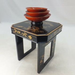 D925: High - Class Japanese Old Lacquered Sake Cup And Stand With Fantastic Makie