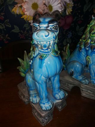 Pair Vintage Chinese Export Turquoise Blue Glazed Ceramic Foo Dog Sculptures