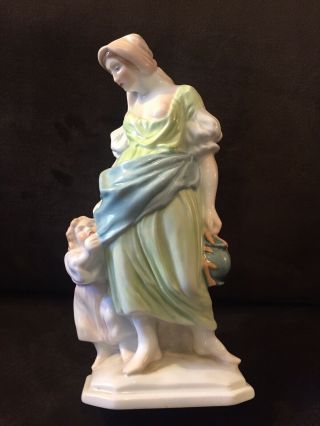 Vintage Herend Hungarian Hand - Painted Porcelain Figurine Woman & Child