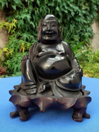 Vintage Chinese Solid Wood Hand Carved Buddha Statue Figure With Base