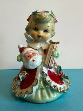 Vintage 1950’s Lefton Christmas Angel Bell Holding A Santa Mask And Gift