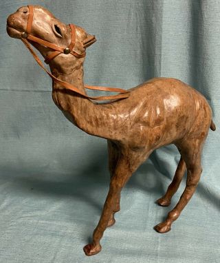 13” Tall Vintage Old Handmade Leather Camel Statue Figure