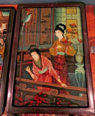 Vintage Chinese Reverse Painting On Glass Wood Frame 2