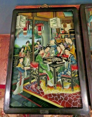 Vintage Chinese Reverse Painting On Glass Wood Frame 3