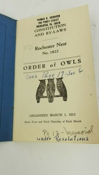 Order Of Owls Constitution and By - Laws Rochester Nest Booklet 2
