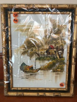 Mid Century Modern Vintage Chinese Junk Ship Oil Painting Signed Framed