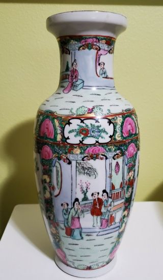 Antique Chinese Qianlong Hand Painted Rose Medallion Gilded 14.  5 " H Vase