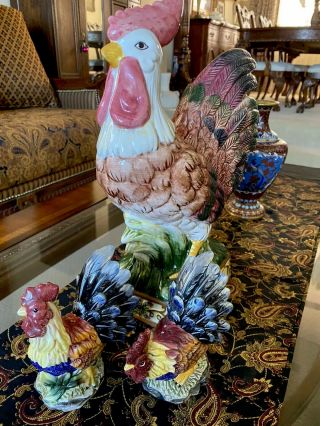 Vintage Ceramic Rooster Chicken Figurine Set Of 3,  13 Inches Tall Unbranded