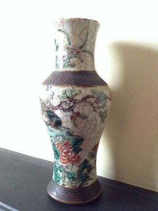 Antique Old Chinese Crackle Glazed Vase Pot With Birds Butterflies Signed Base 2