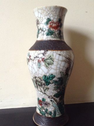 Antique Old Chinese Crackle Glazed Vase Pot With Birds Butterflies Signed Base 3