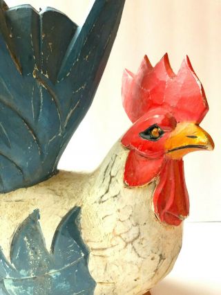 Farmhouse Folk Art Primitive Painted Chicken Rooster Wood Carved Figure 13 "