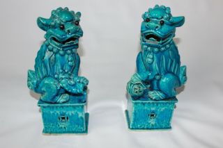 Chinese Statue Foo Dogs Antique Signed Porcelain Pottery Seal Mark 4 Characters