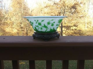 Peking Green Cameo Glass Bowl Carved Wood Stand