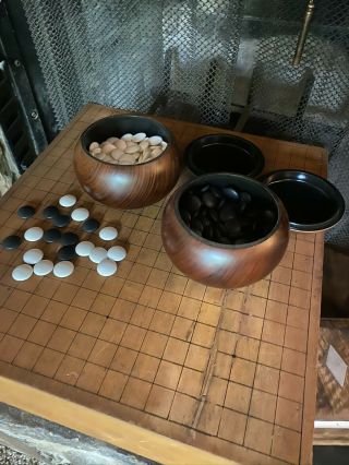 Japanese Go Stone Vintage Goishi Game Piece Set Wooden Bowl Black White