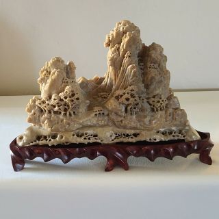 Vintage Chinese Soapstone Hand Carved Landscape W/mountains,  Trees,  Houses " Euc "